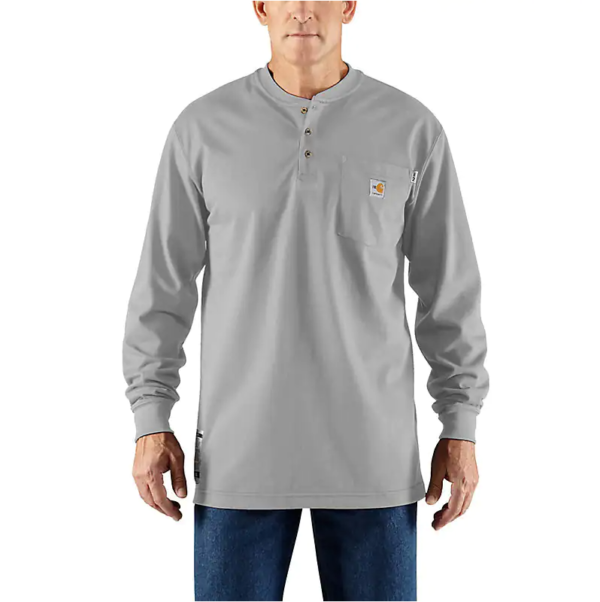 Carhartt FR Force Cotton Long-Sleeve Henley DOE Logo Light Gray 100237-051