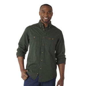 Wrangler Riggs Workwear Long Sleeve Button Down Solid Twill Work Shirt DOE Logo Forest Green 3W501FG