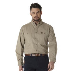 Wrangler Riggs Workwear Long Sleeve Button Down Solid Twill Work Shirt DOE Logo Khaki 3W501KH