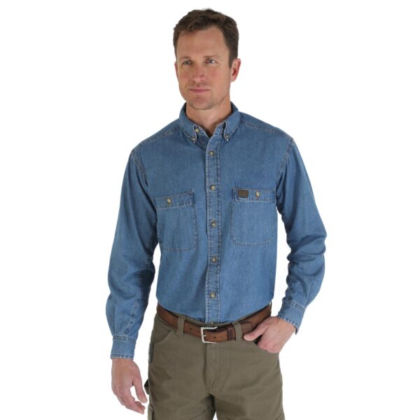 Wrangler Riggs Workwear Long Sleeve Button Down Solid Denim Work Shirt DOE Logo Antique 3W510AN