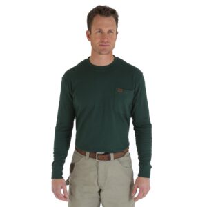 Wrangler Riggs Workwear Long Sleeve Pocket T-Shirt Forest Green DOE Logo 3W710FG
