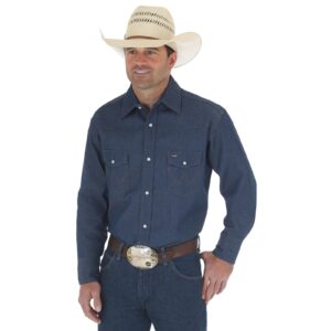 Wrangler Cowboy Cut Work Western Rigid Denim Long Sleeve Shirt DOE Logo Rigid Indigo 70127MW