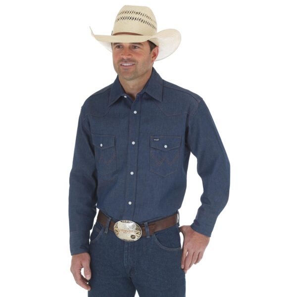 Wrangler Cowboy Cut Work Western Rigid Denim Long Sleeve Shirt DOE Logo Rigid Indigo 70127MW