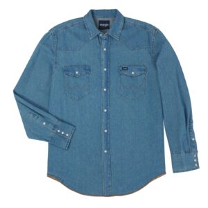 Wrangler Cowboy Cut Long Sleeve Western Denim Snap Work Shirt DOE Logo Stonewash 70127SW