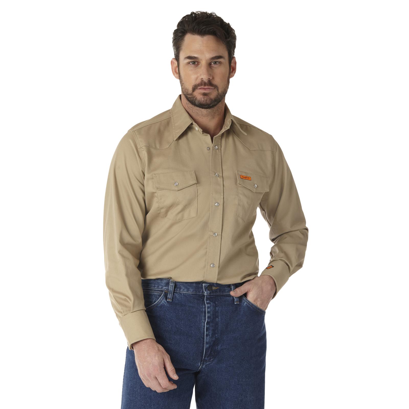 Wrangler FR Flame Resistant Long Sleeve Western Snap Solid Twill Work Shirt Khaki DOE Logo FR12140