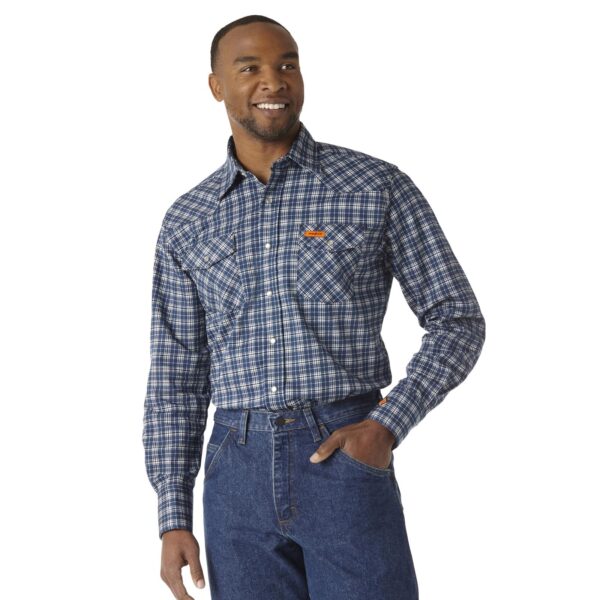 Wrangler FR Flame Resistant Long Sleeve Western Snap Plaid Shirt Black/Black DOE Logo FR122BW
