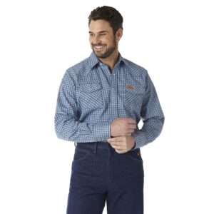 Wrangler FR Flame Resistant Long Sleeve Western Snap Plaid Shirt Navy/Black DOE Logo FR123BL