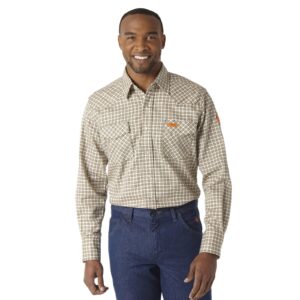 Wrangler FR Flame Resistant Long Sleeve Western Snap Plaid Shirt Khaki/White DOE Logo FR124MM