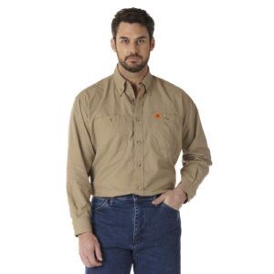 Wrangler Riggs Workwear FR Flame Resistant Twill Solid Work Shirt Khaki DOE Logo FR3W01K