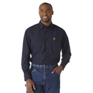 Wrangler Riggs Workwear FR Flame Resistant Twill Solid Work Shirt Navy DOE Logo FR3W01N