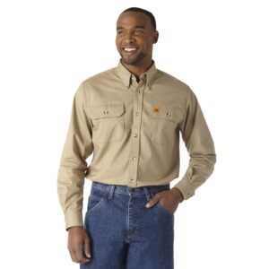 Wrangler Riggs Workwear FR Flame Resistant Work Shirt Khaki DOE Logo FR3W5KH