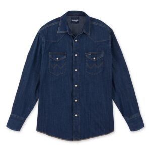 Wrangler Cowboy Cut Long Sleeve Western Denim Snap Work Shirt DOE Logo Dark Denim MS1041D