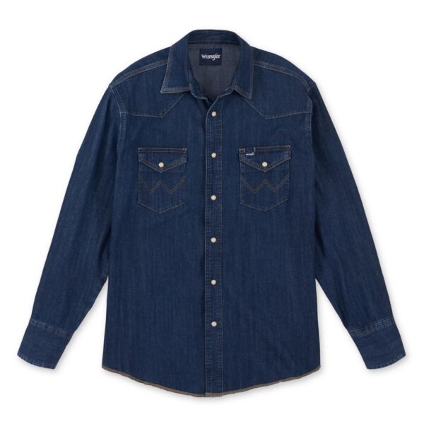 Wrangler Cowboy Cut Long Sleeve Western Denim Snap Work Shirt DOE Logo Dark Denim MS1041D