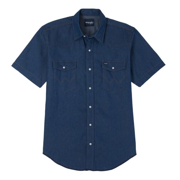 Wrangler Cowboy Cut Firm Finish Denim Short Sleeve Work Western Shirt DOE Logo Rigid Indigo MS3127B