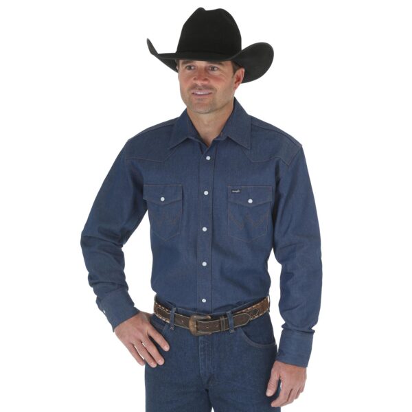 Wrangler Cowboy Cut Firm Finish Long Sleeve Western Snap Solid Work Shirt DOE Logo Blue MS70119