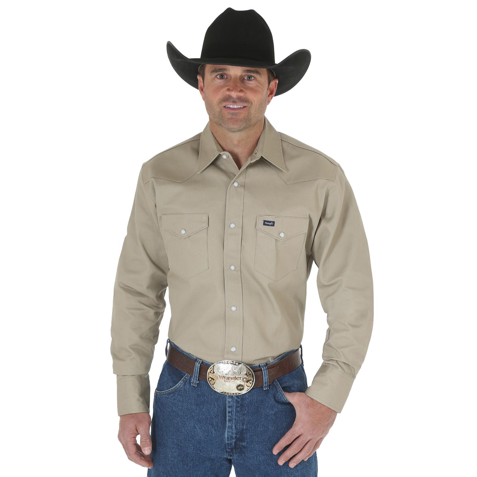 Wrangler Cowboy Cut Firm Finish Long Sleeve Western Snap Solid Work Shirt DOE Logo Khaki MS70319