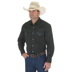 Wrangler Cowboy Cut Firm Finish Long Sleeve Western Snap Solid Work Shirt DOE Logo Black Forest Green MS70519