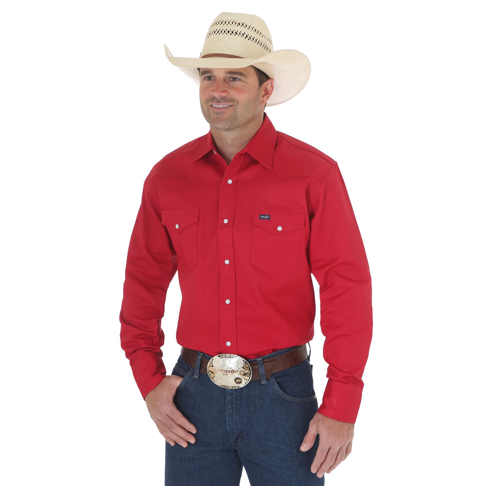 Wrangler Cowboy Cut Firm Finish Long Sleeve Western Snap Solid Work Shirt DOE Logo Red MS70619