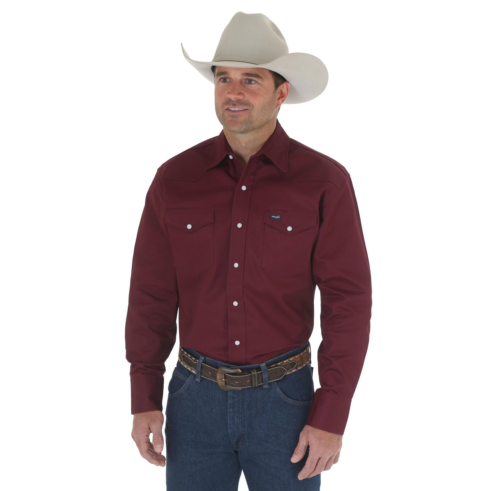 Wrangler Cowboy Cut Firm Finish Long Sleeve Western Snap Solid Work Shirt DOE Logo Red Oxide MS70719