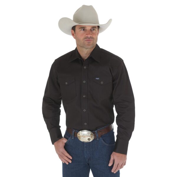 Wrangler Cowboy Cut Firm Finish Long Sleeve Western Snap Solid Work Shirt DOE Logo Black MS70819