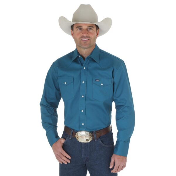 Wrangler Cowboy Cut Firm Finish Long Sleeve Western Snap Solid Work Shirt DOE Logo Dark Teal MS71419