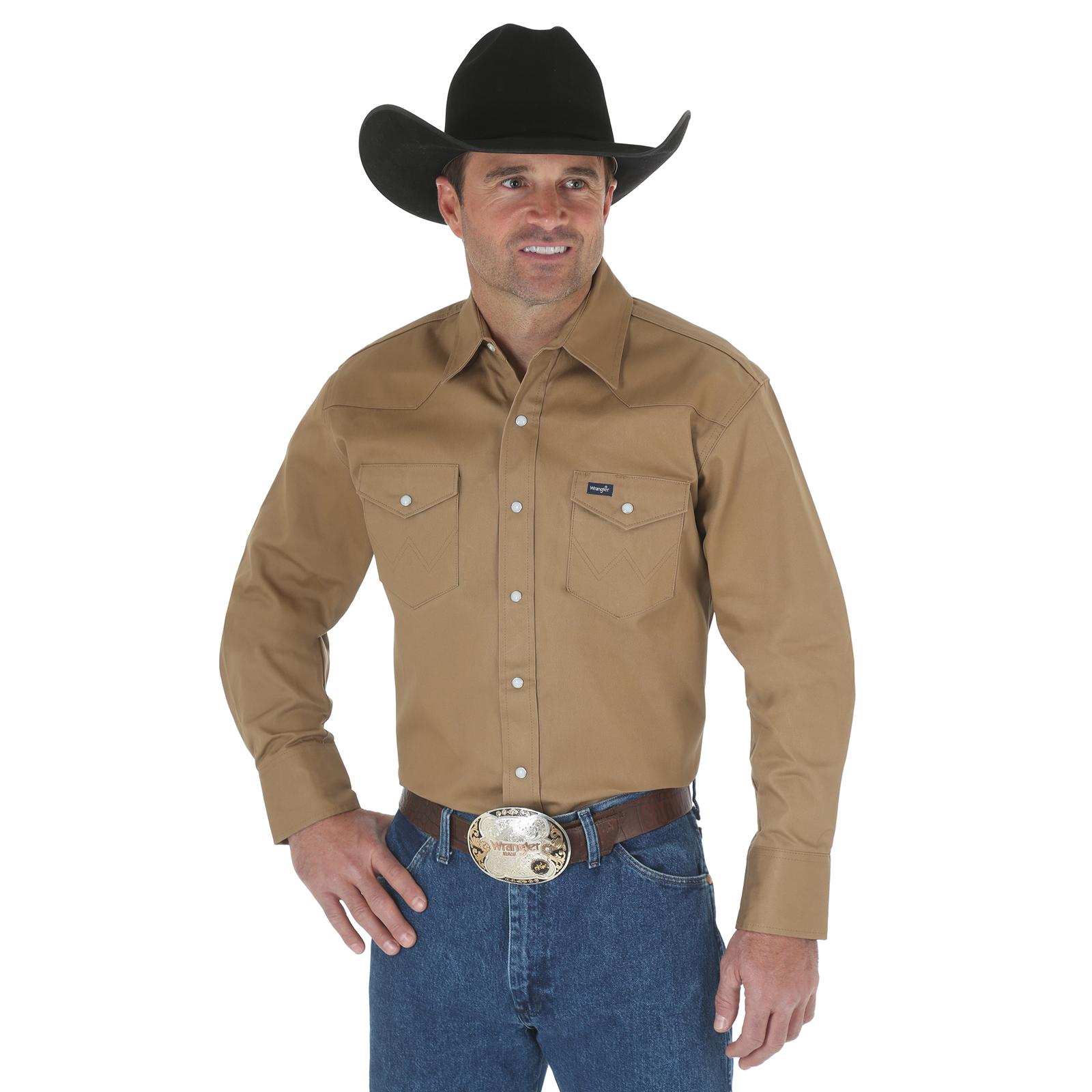 Wrangler Cowboy Cut Firm Finish Long Sleeve Western Snap Solid Work Shirt DOE Logo Rawhide MS71519