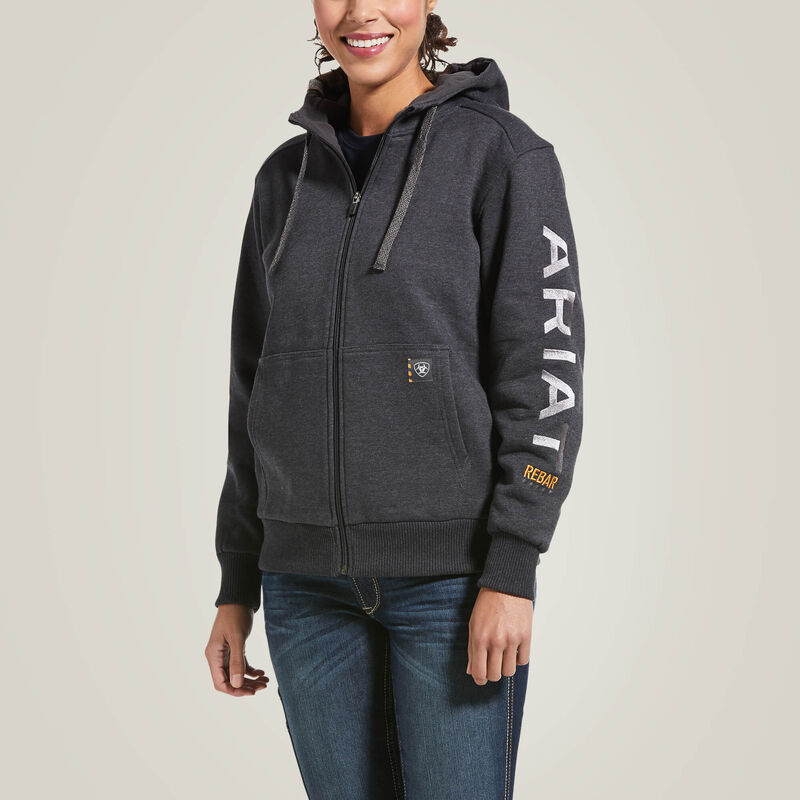 Ariat Women's Rebar All-Weather Full Zip Hoodie Charcoal Heather with DOE Logo 10032910-PTX