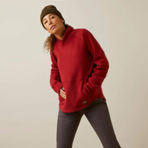 Ariat Women's Rebar Workman Oversized Funnel Sweatshirt Red Dahlia with DOE Logo 10046380-DOE