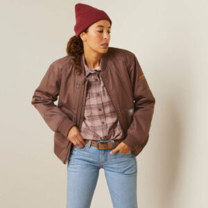 Ariat Women's Rebar DuraCanvas Bomber Jacket Peppercorn with DOE Logo 10046382-DOE