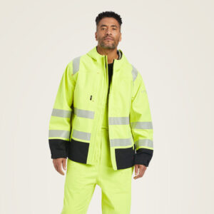 Ariat FR Hi-Vis Hooded Waterproof Jacket Hi-Vis Yellow with DOE Logo 10041788-PTX