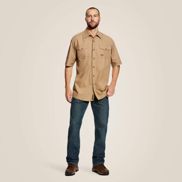 Ariat Rebar Made Tough DuraStretch Work Shirt Khaki with DOE Logo 10025391-PTX