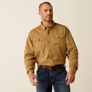 Ariat Rebar Washed Twill Work Shirt Khaki with DOE Logo 10052940-PTX