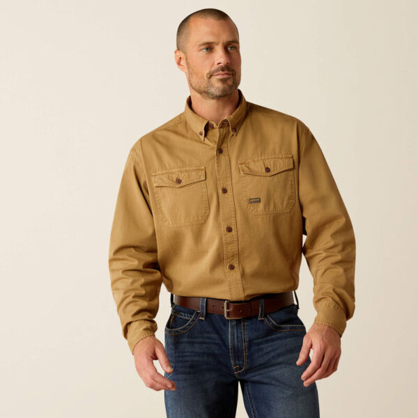 Ariat Rebar Washed Twill Work Shirt Khaki with DOE Logo 10052940-PTX