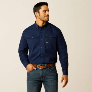 Ariat Rebar Washed Twill Work Shirt Navy with DOE Logo 10052941-PTX