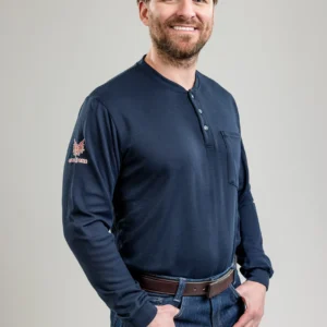 DriFire Power Dry FR Long Sleeve Henley Navy with DOE Logo TEEPDNHN-PTX