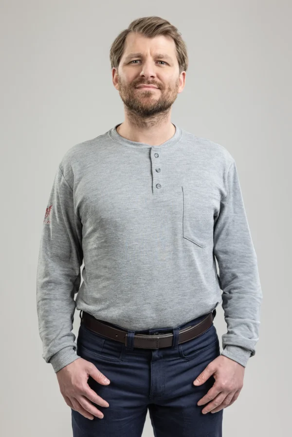 DriFire Power Dry FR Long Sleeve Henley Grey with DOE Logo TEEPDGHN-PTX